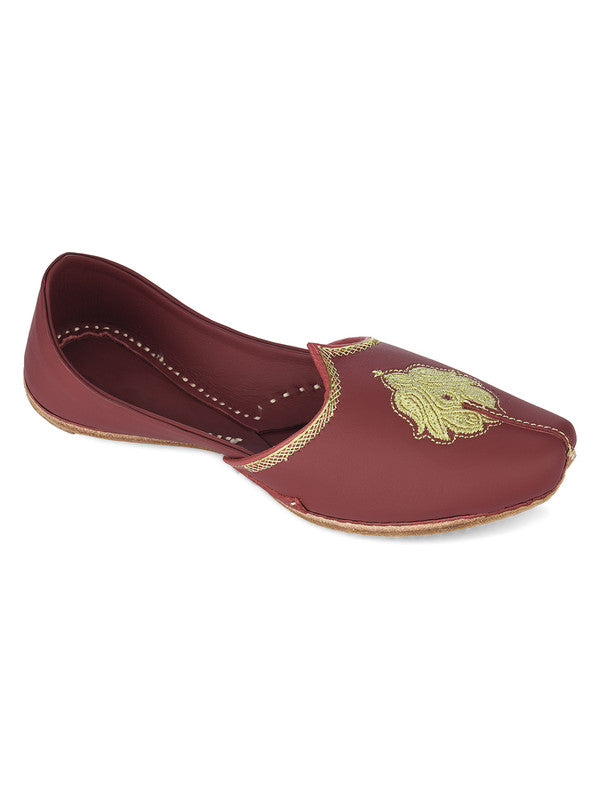 Men's Indian Ethnic Handrafted Embroidered Maroon Premium Leather Footwear - Desi Colour