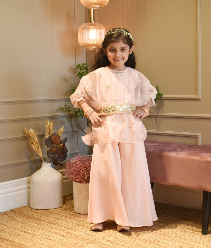 Girl's Peach Crepe Jumpsuit And Organza Cape