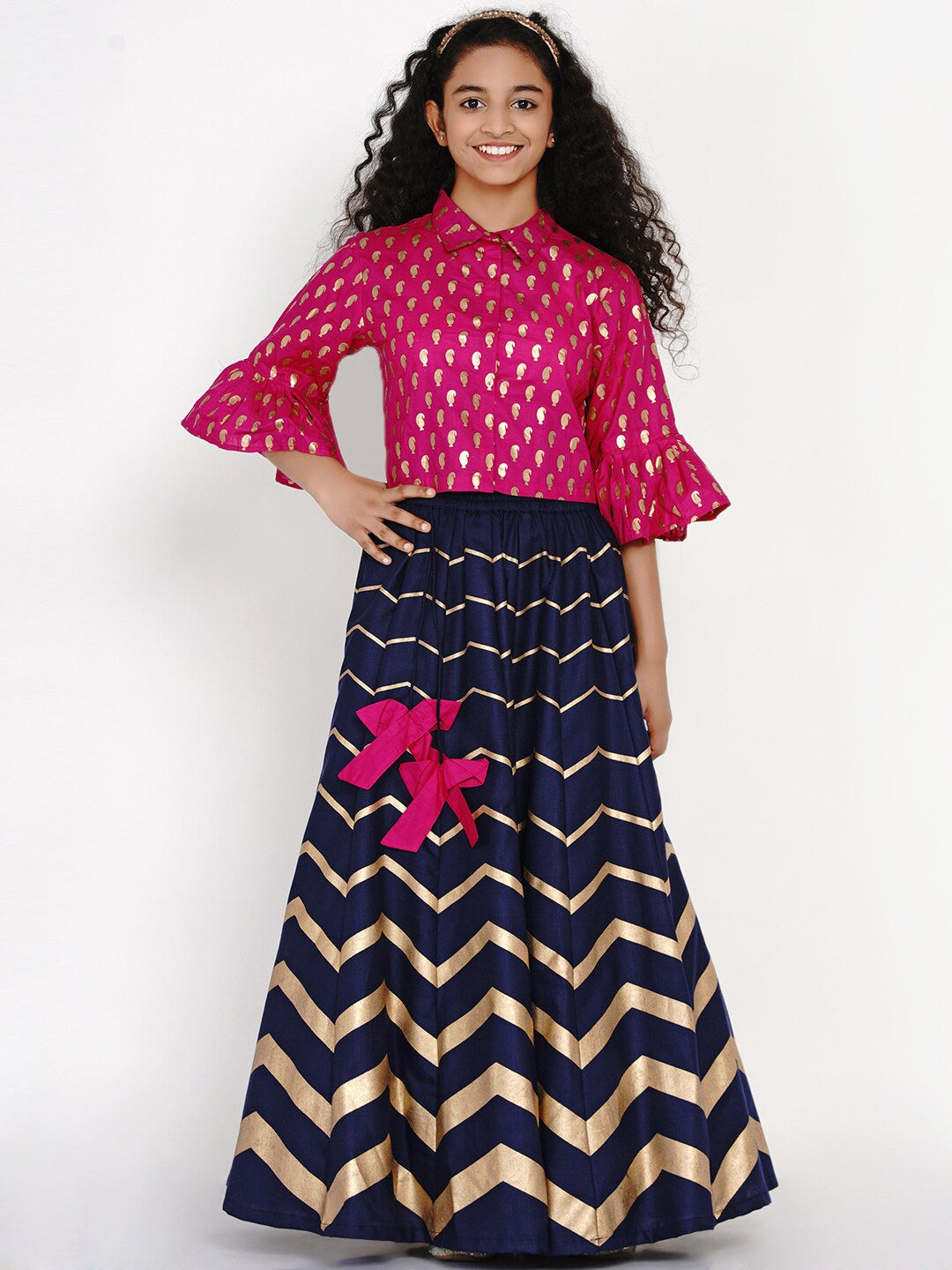 Girl's Pink & Navy Blue Printed Block Print Ready To Wear Lehenga - NOZ2TOZ KIDS