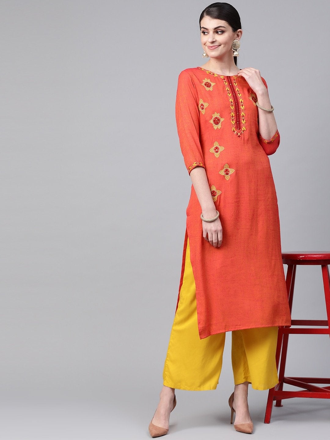 Women's Orange & Yellow Embroidered Straight Kurta - Meeranshi