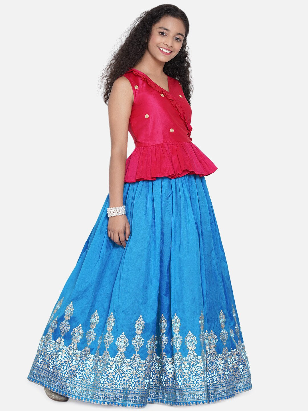 Girl's Pink & Blue Embellished Khari Print Ready to Wear Lehenga - NOZ2TOZ KIDS