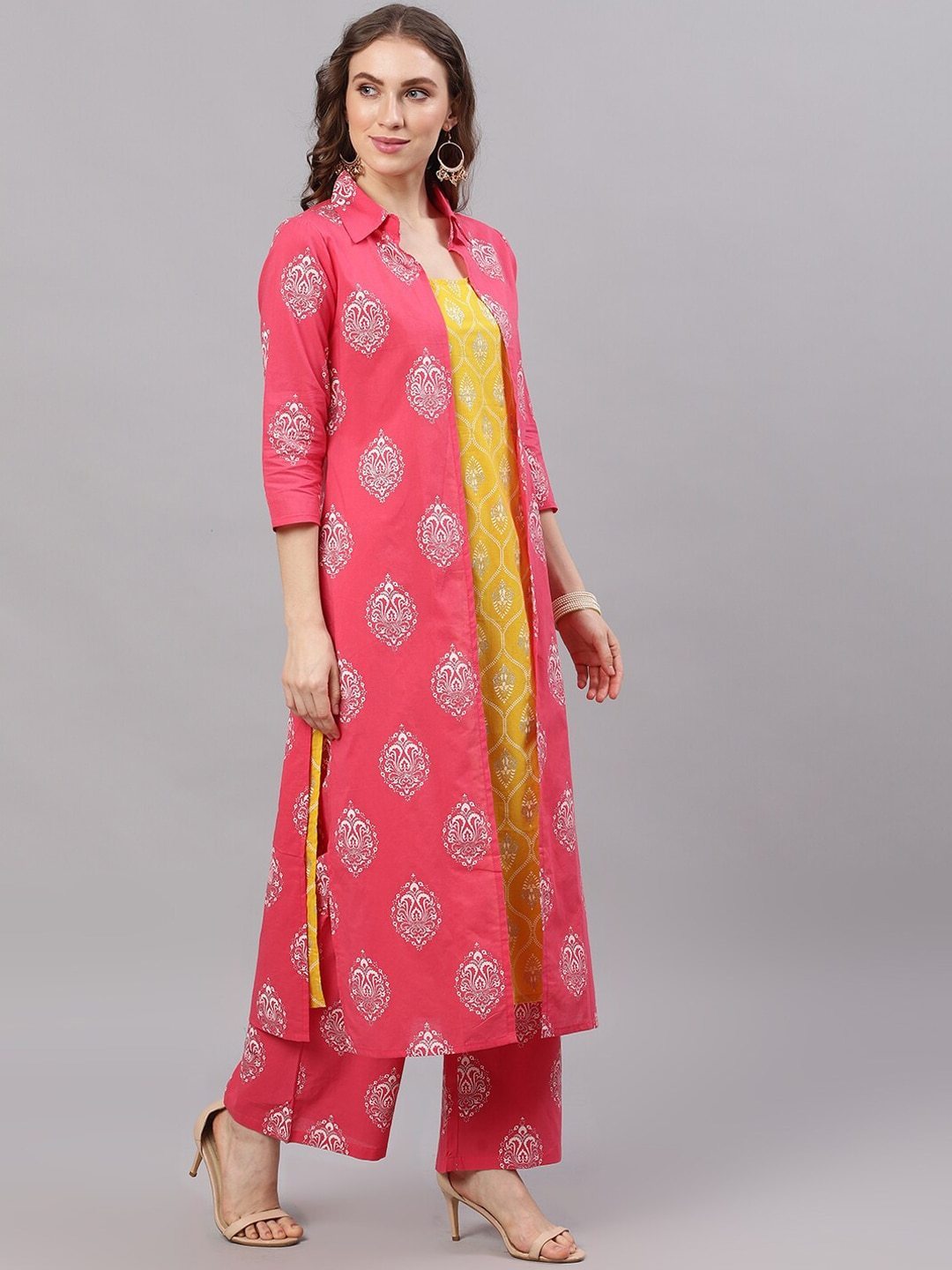 Women's  Yellow & Pink Printed Kurta with Palazzos - AKS