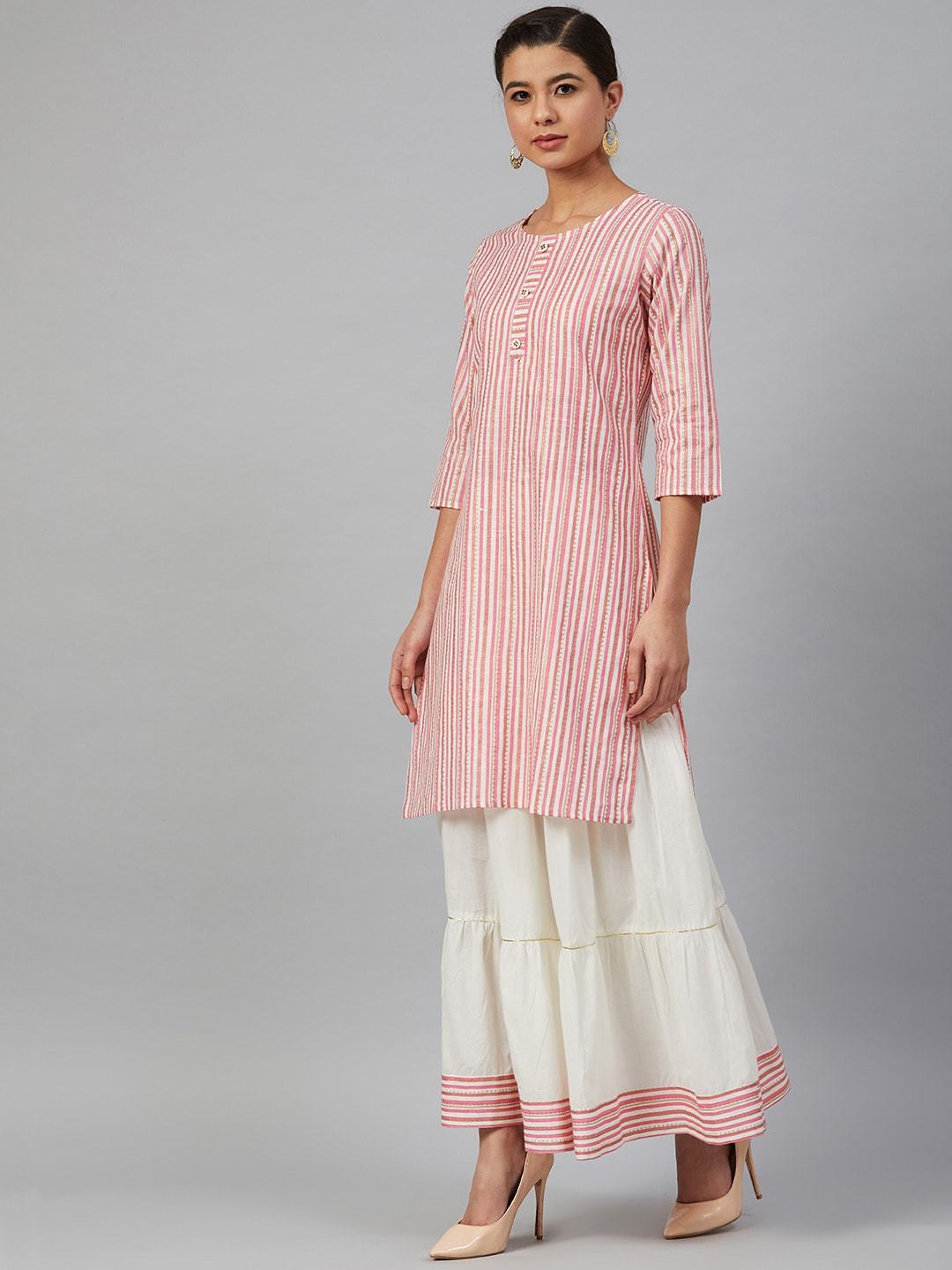 Women's Pink & White Screen Print Striped Kurta with Skirt - Meeranshi
