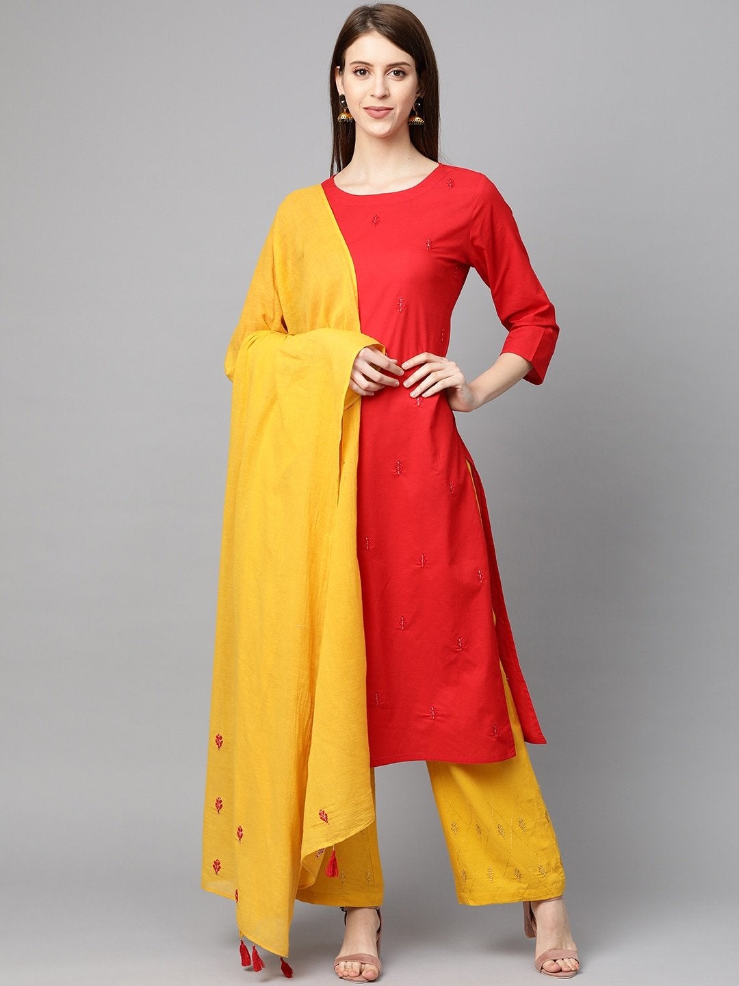 Women's Red & Mustard Yellow Embroidered Kurta with Palazzos & Dupatta - Meeranshi