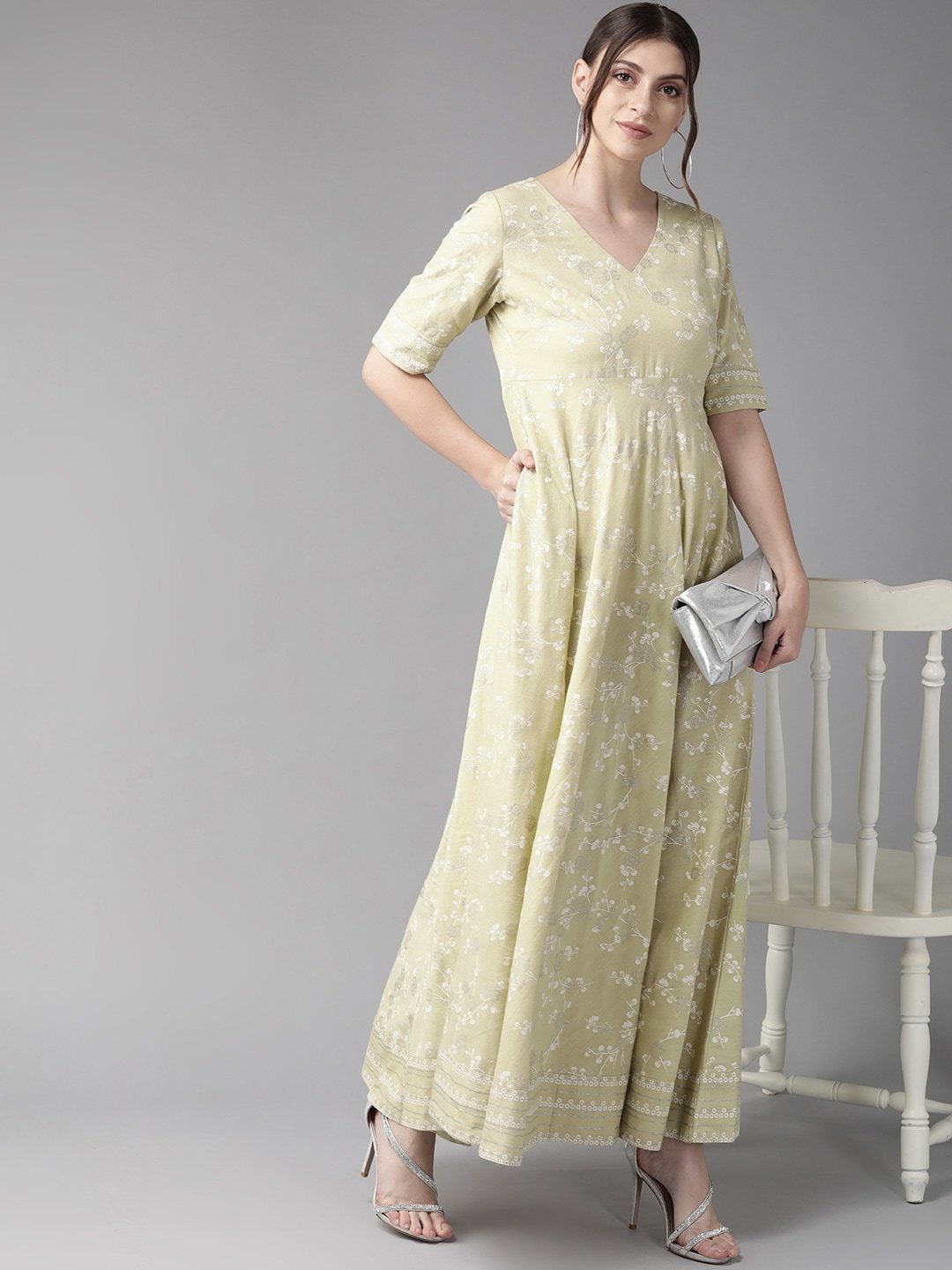 Women's  Beige & White Khari Print Bias Cut Maxi Dress - AKS