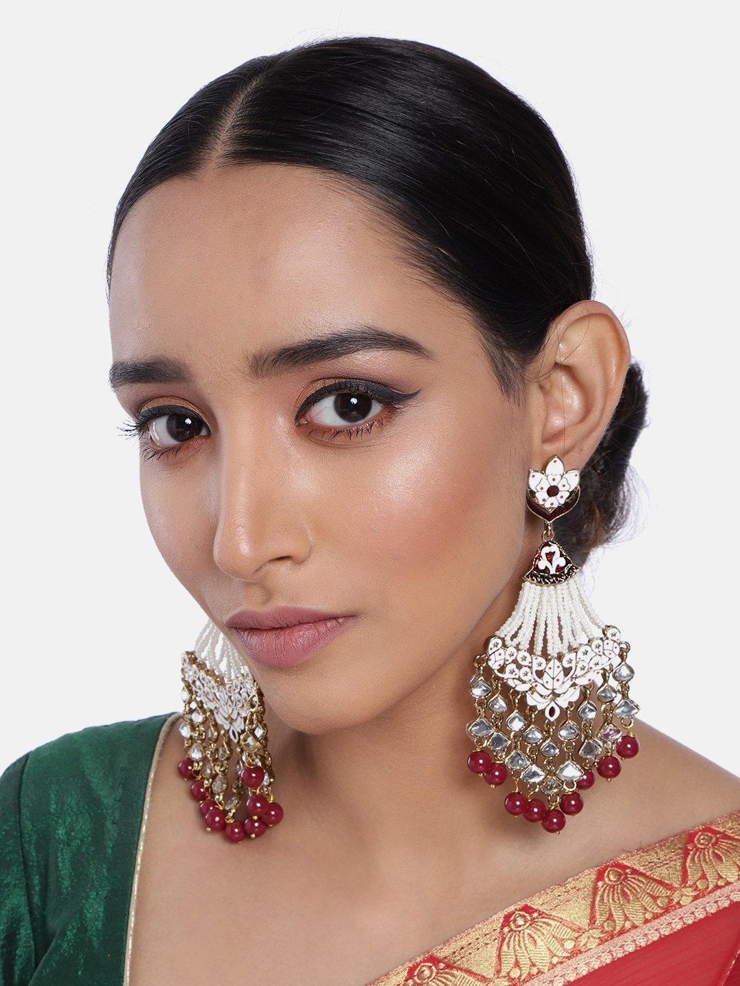 Women's Maroon Gold Plated Ethnic Meenakari Dangler Earrings Studded With Kundan  - i jewels