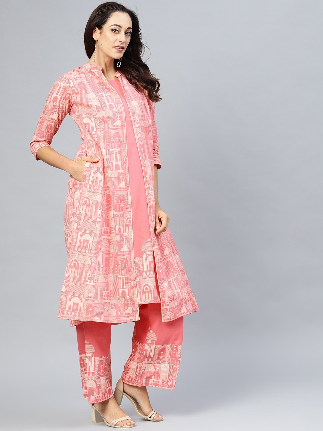 Women's  Pink & Off-White Khari Print Layered A-Line Kurta - AKS