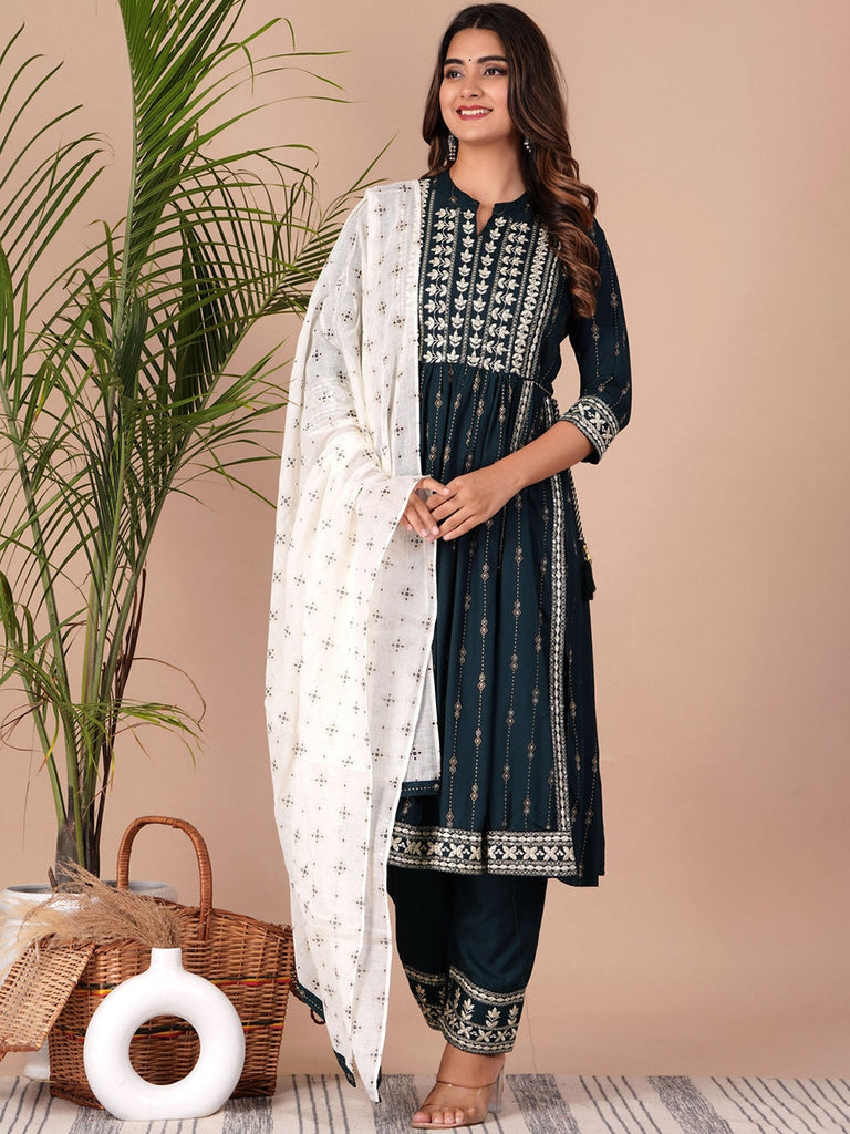 Women's Floral Printed Empire Thread Work Kurta With Palazzos & Dupatta