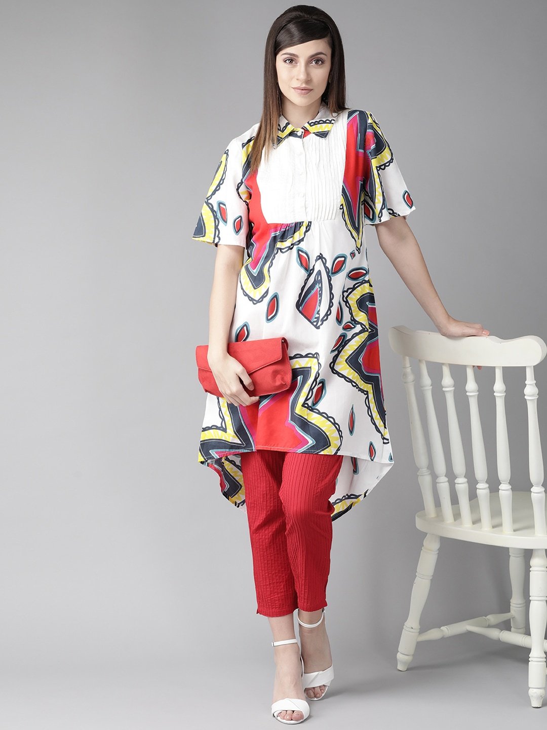 Women's  White & Red Quirky Printed A-Line Kurta - AKS