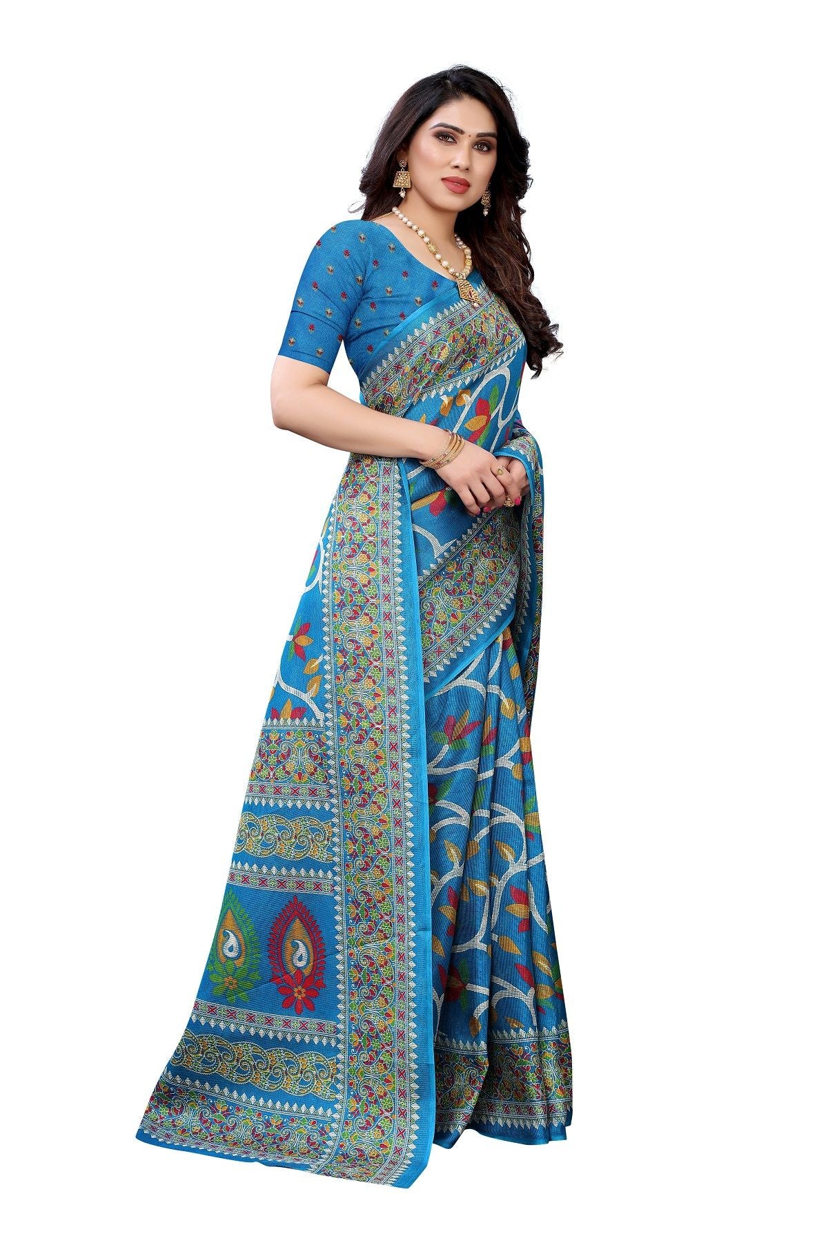 Women's Printed Jute Silk Blue Saree - Vamika