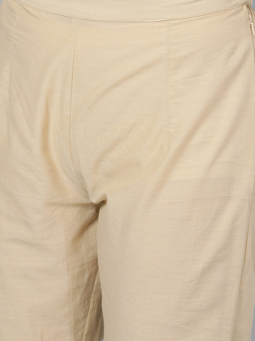 Women's  Beige Printed Kurta with Trousers - AKS