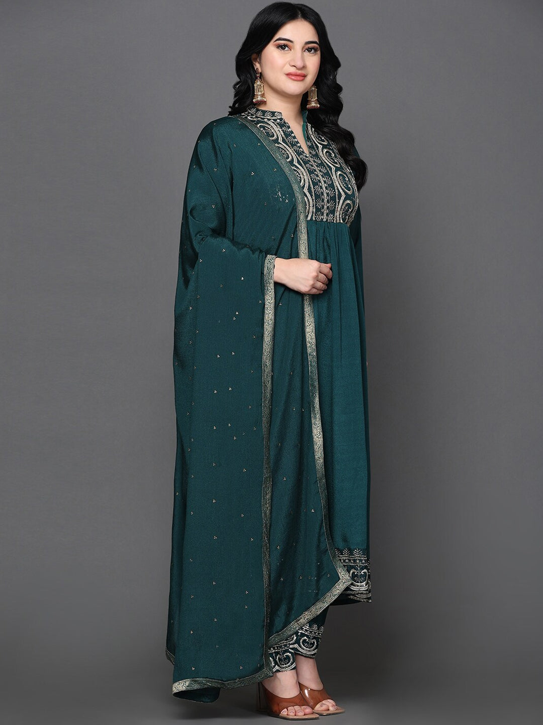 Women's Ethnic Motifs Embroidered Pure Silk Kurta With Trousers & With Dupatta - Noz2Toz