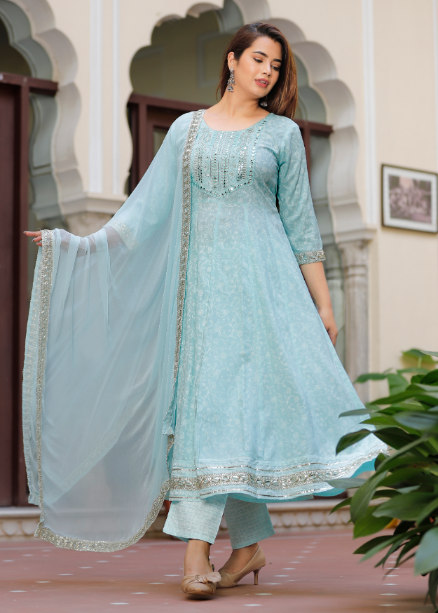 Women's Sky Blue Anarkali Embroidered Kurta With Pant And Dupatta Set, M