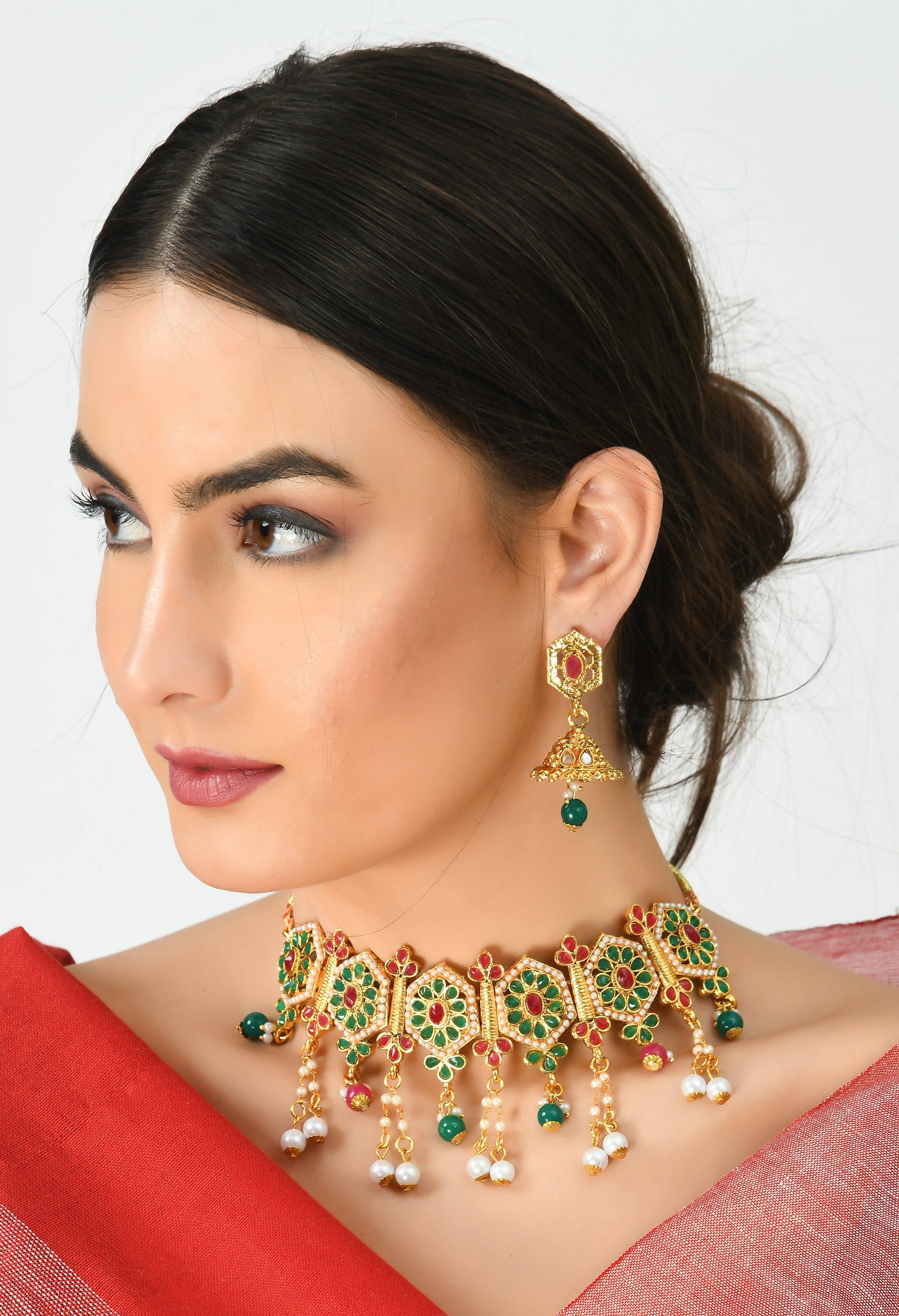 Kamal Johar Gold-Plated Chokar Jaipuri Necklace Multi color with Ear