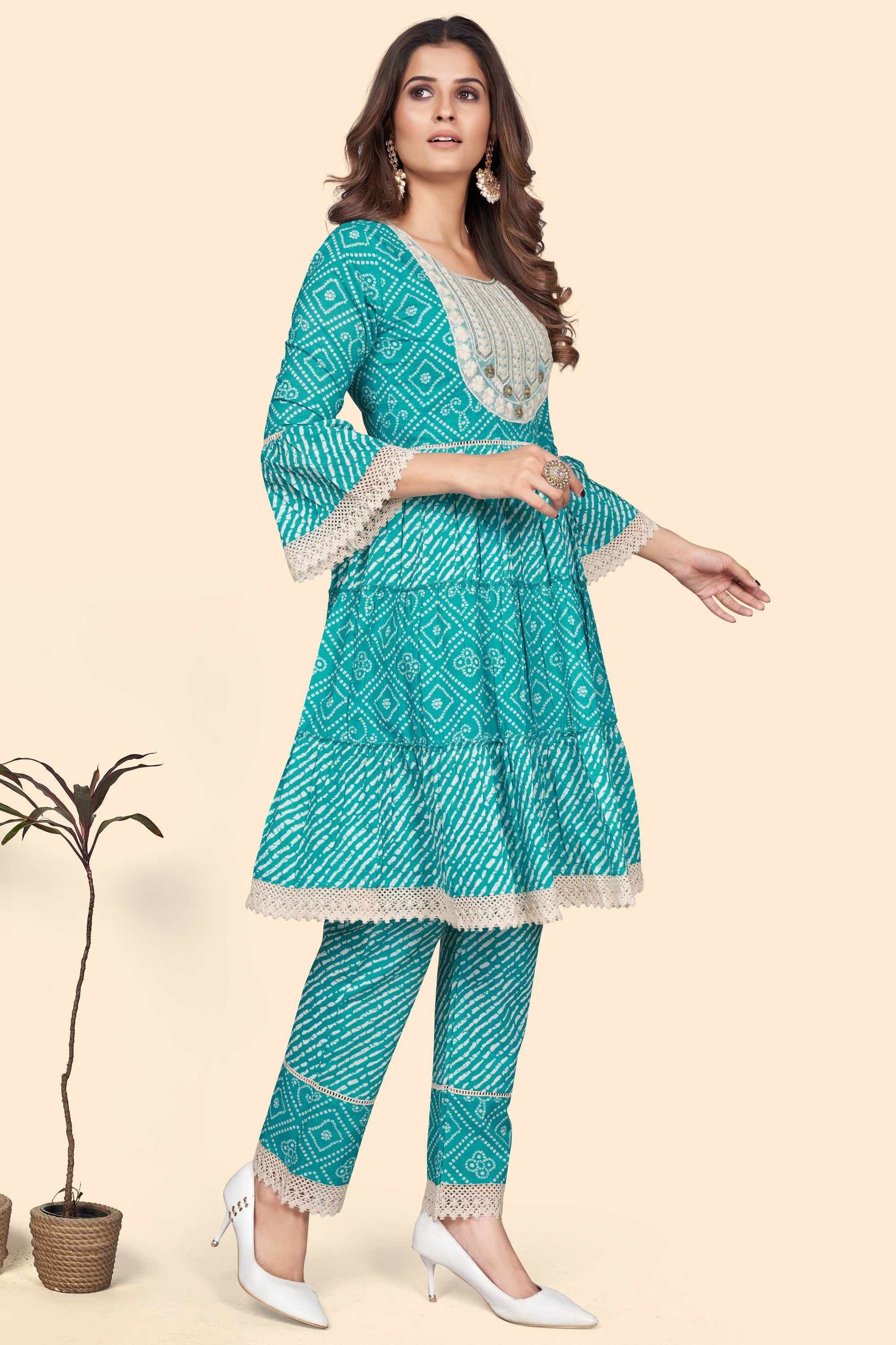 Women's Bandhani Print & Embroidered Flared Cotton Sky Blue Stitched Top With Pant - Vbuyz