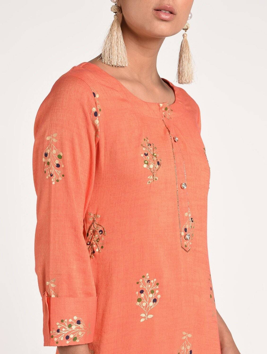 Women's Peach Viscose Rayon Beautiful Gold Print And Highlights With Sequence Straight Kurta Only - Cheera