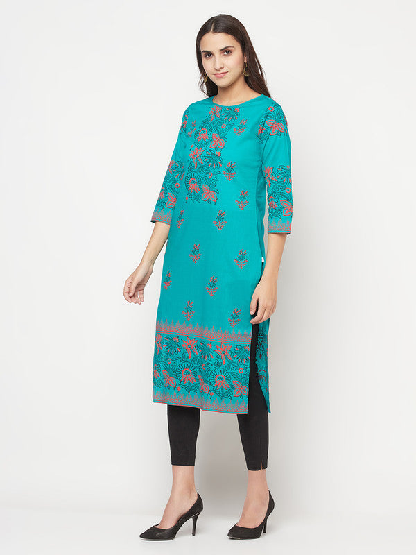 Women's Cotton Block print straight kurta,Turquoi