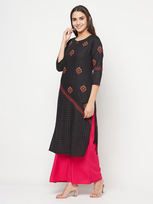 Women's Rayon Block print straight kurta,Bla