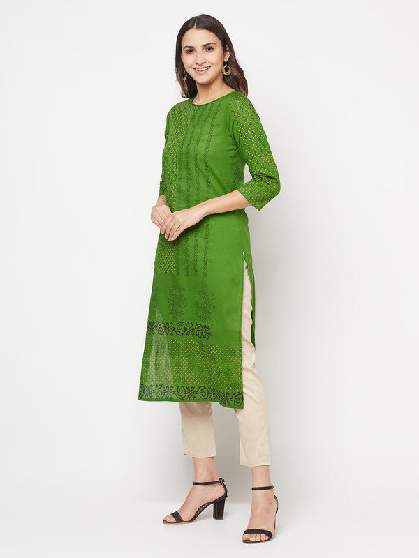 Women's Cotton Block print straight kurta,Gre