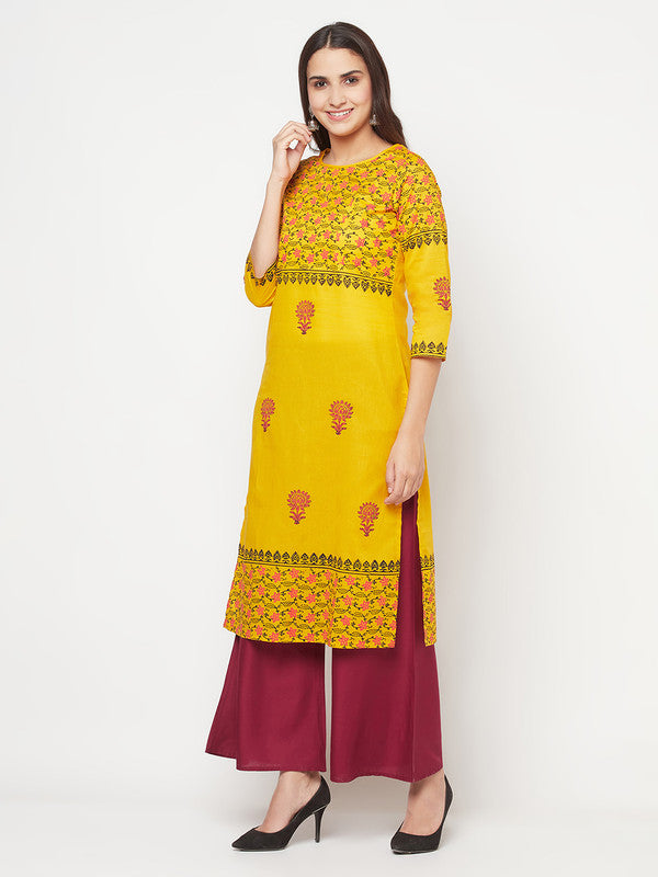 Women's Cotton Block print straight kurta,Musta