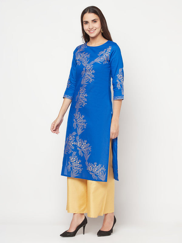 Women's Cotton Foil print straight kurta,Royal Blue-Aniyah