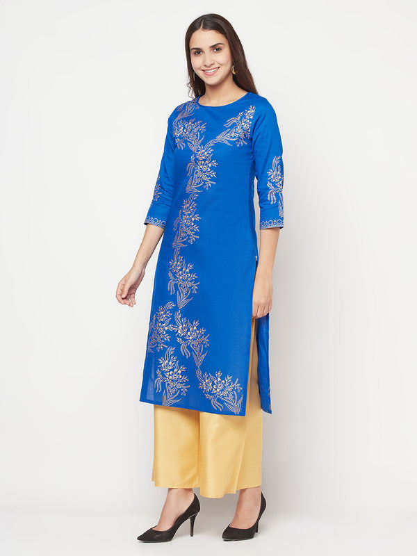 Women's Cotton Foil print straight kurta,Royal Bl