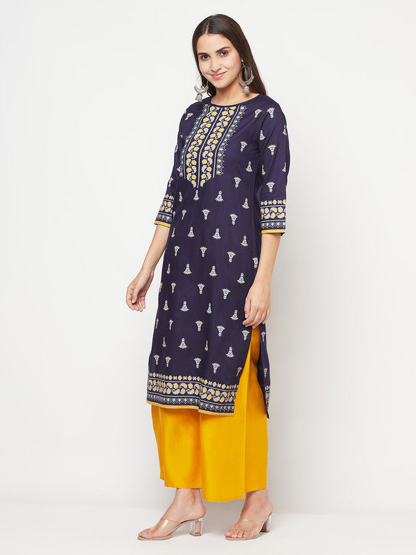 Women's Rayon Screen print straight kurta,Navy Bl