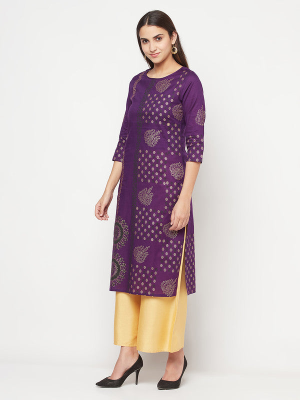 Women's Cotton Foil print straight kurta,Purp