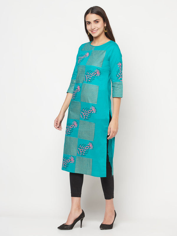 Women's Cotton Block print straight kurta,Turquoi