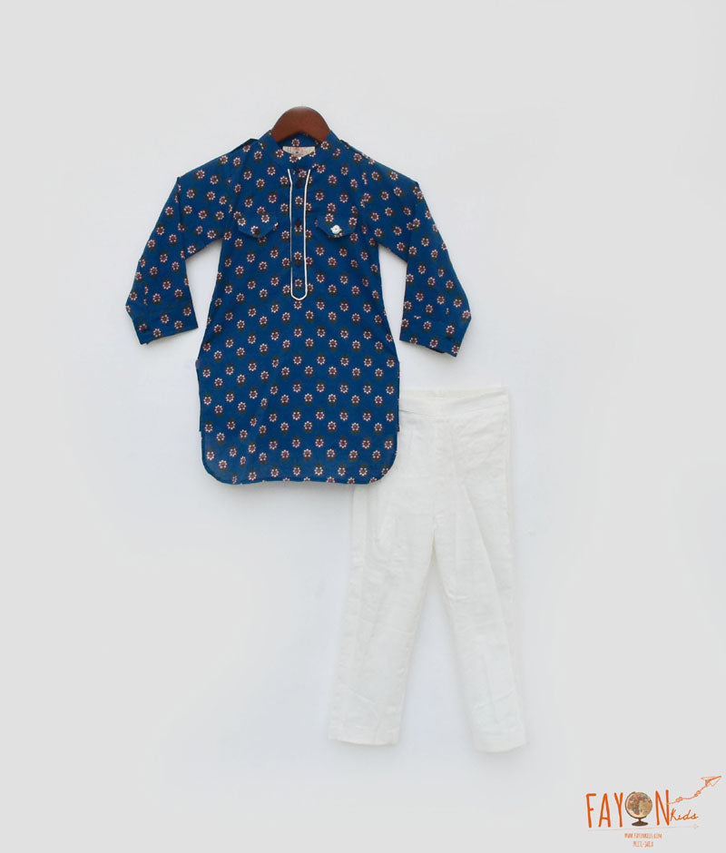 Boy's Blue Printed Kurta And Off White Pant