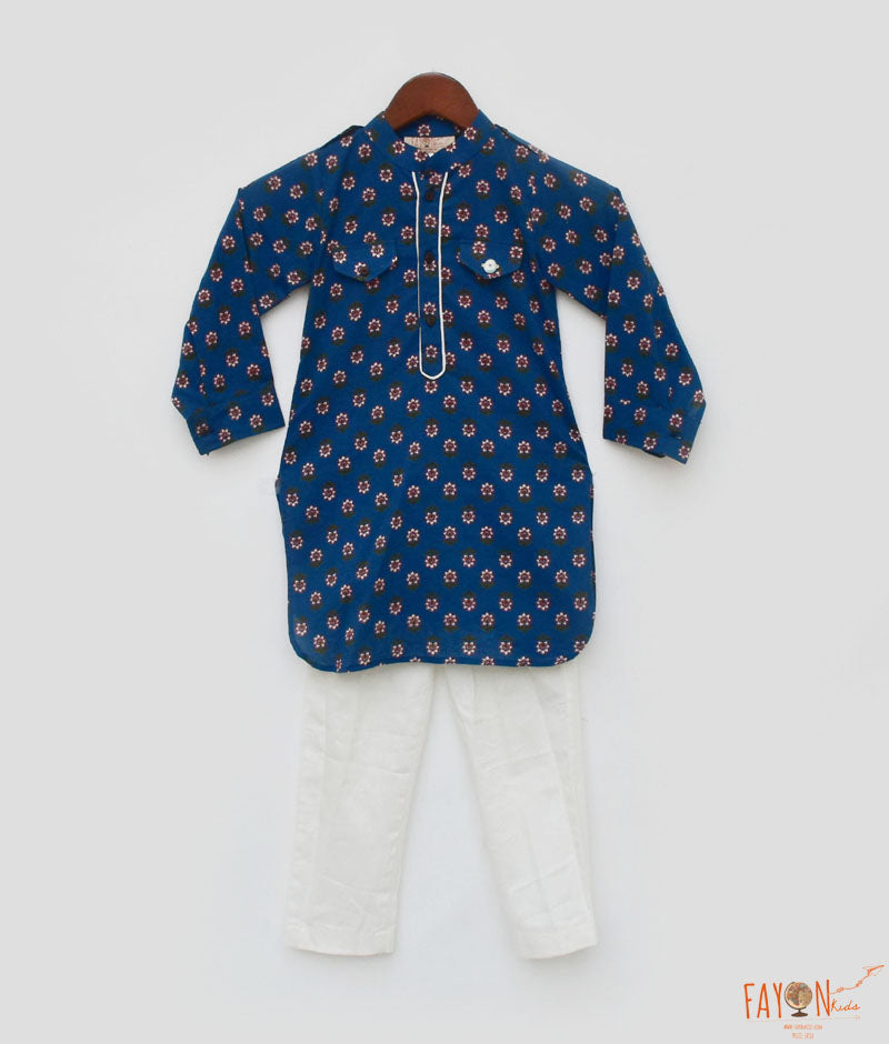Boy's Blue Printed Kurta And Off White Pant
