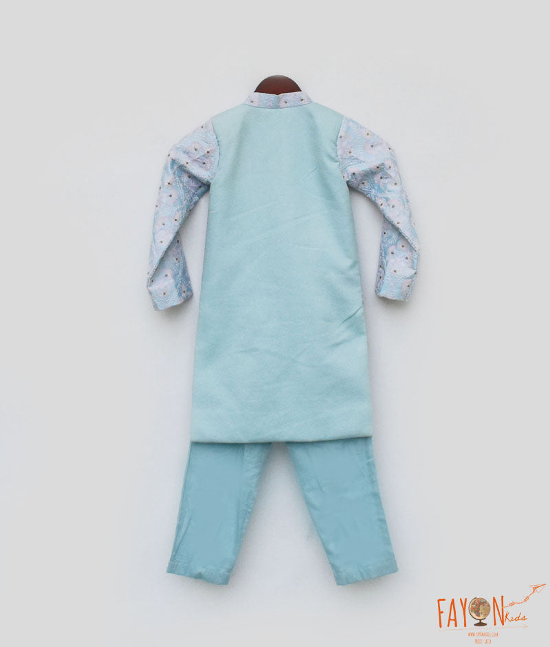 Boy's Blue Embroidery Ajkan And Pant - Fayon Kids