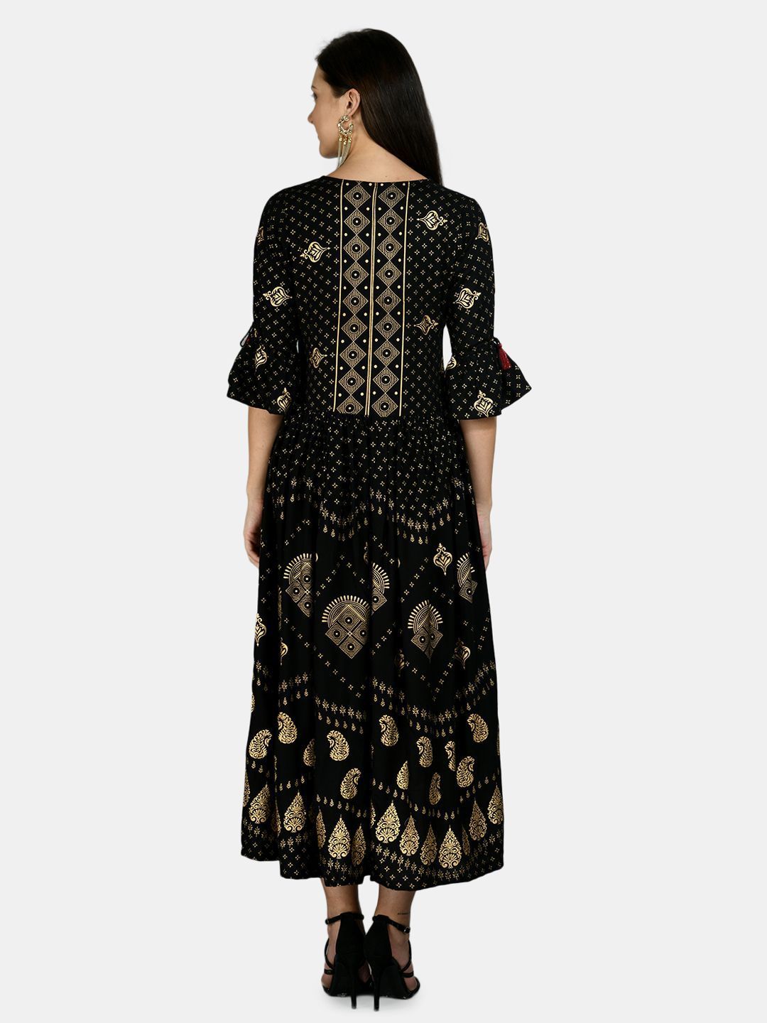 Women's Black Rayon Printed 3/4 Sleeve V Neck Casual Dress - Myshka