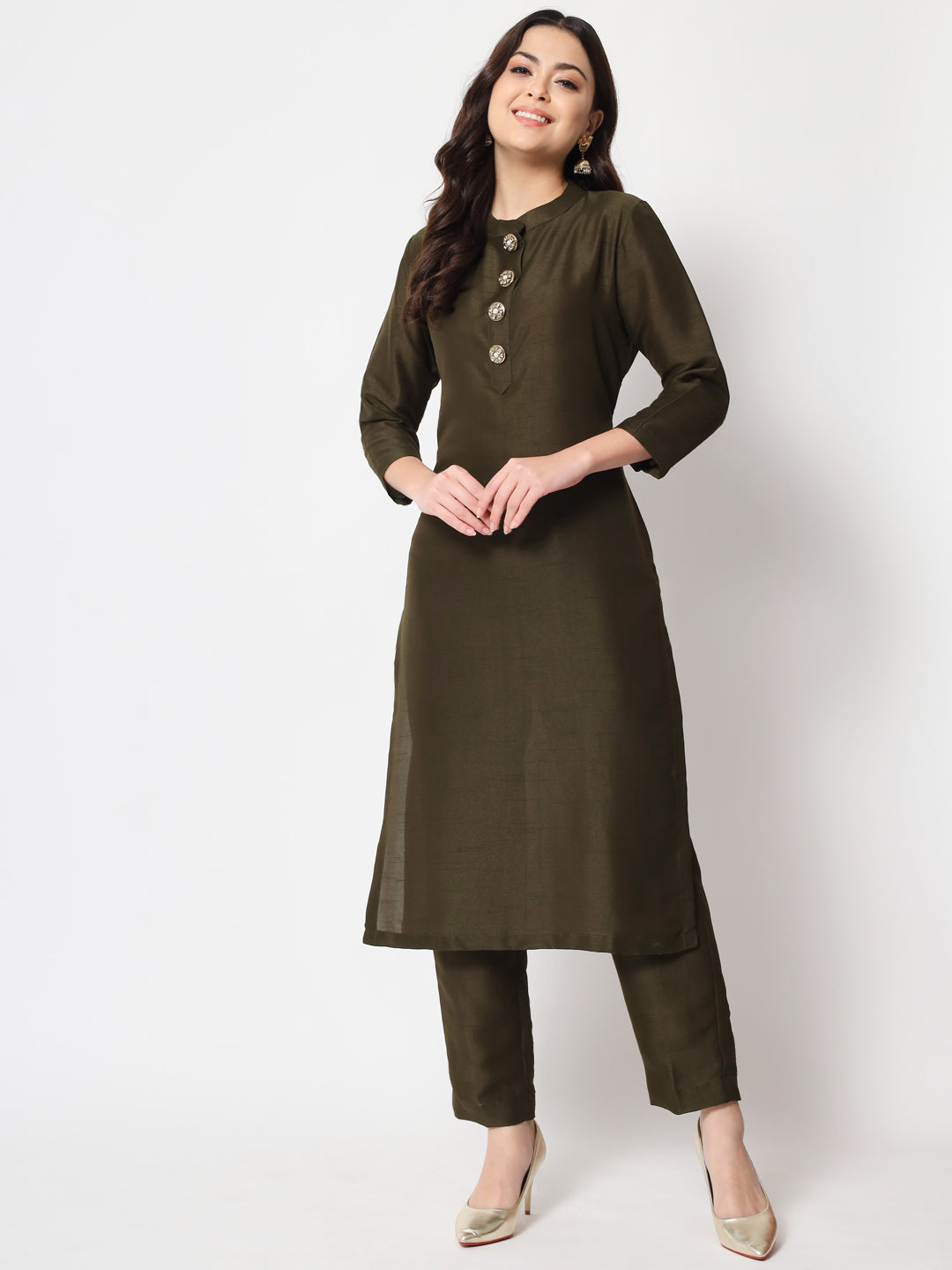 Women's Mehendi Green Kundan Silk Kurti With Straight Pants - Anokherang