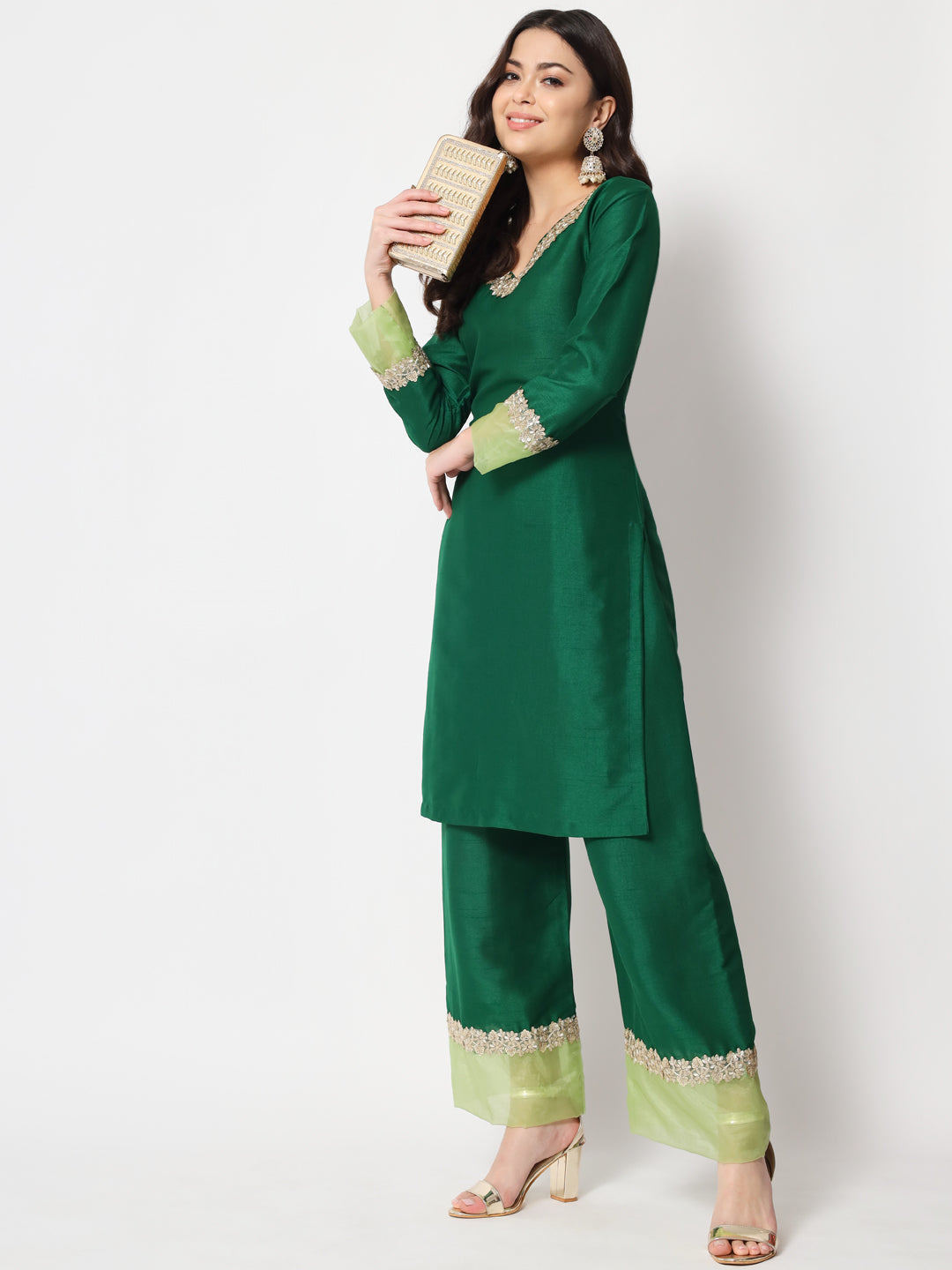 Women's Dazzling Green Straight Kurti With Straight Palazzo - Anokherang