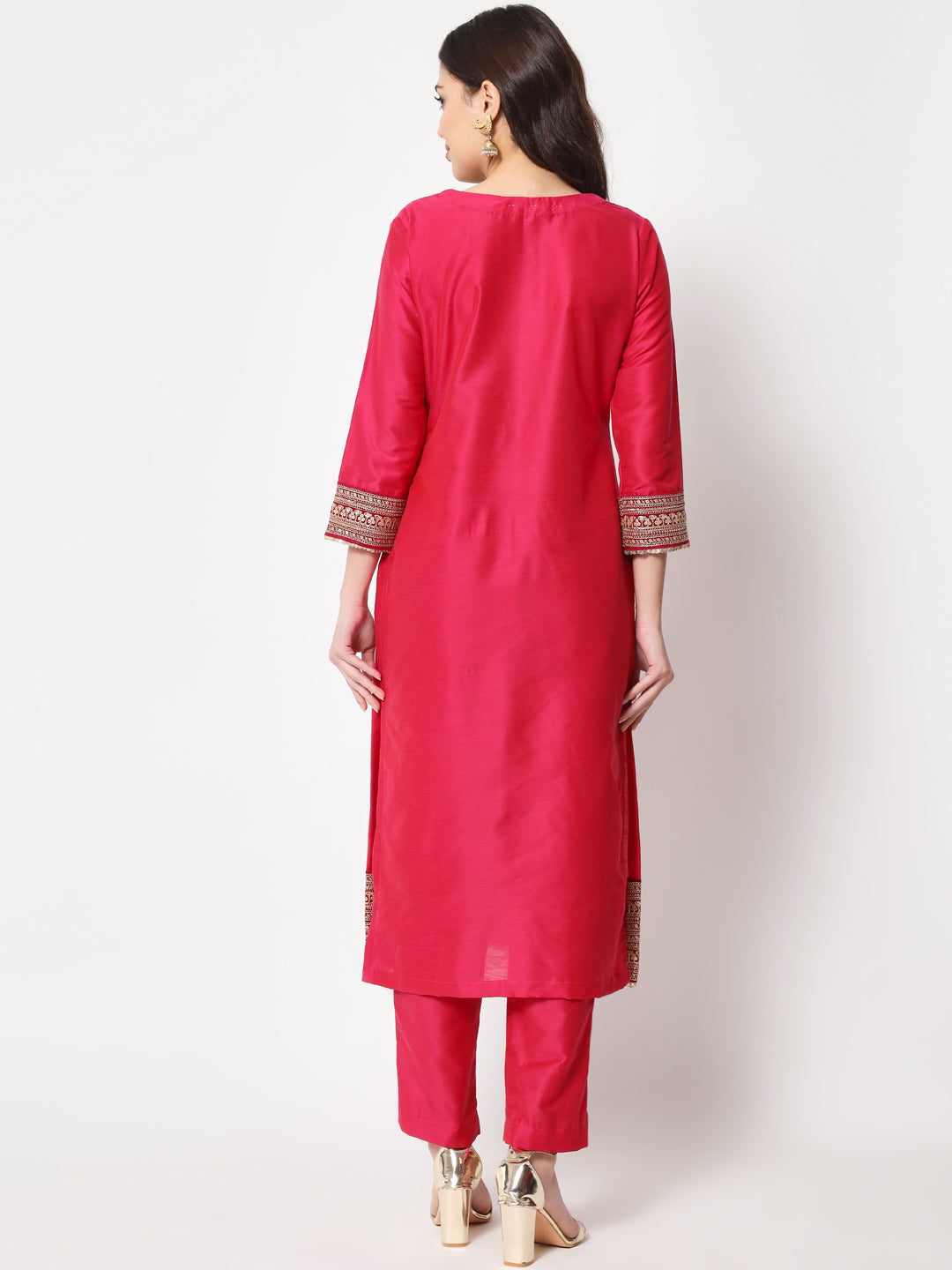 Women's Traditional Bridal Pink Embroidered Straight Kurti With Pants - Anokherang