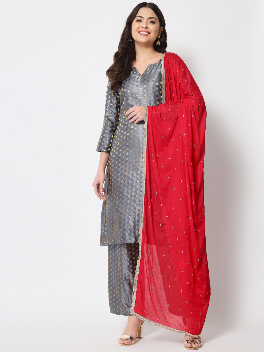 Women's Sahiba Gray Brocade With Straight Palazzo And Dupatta