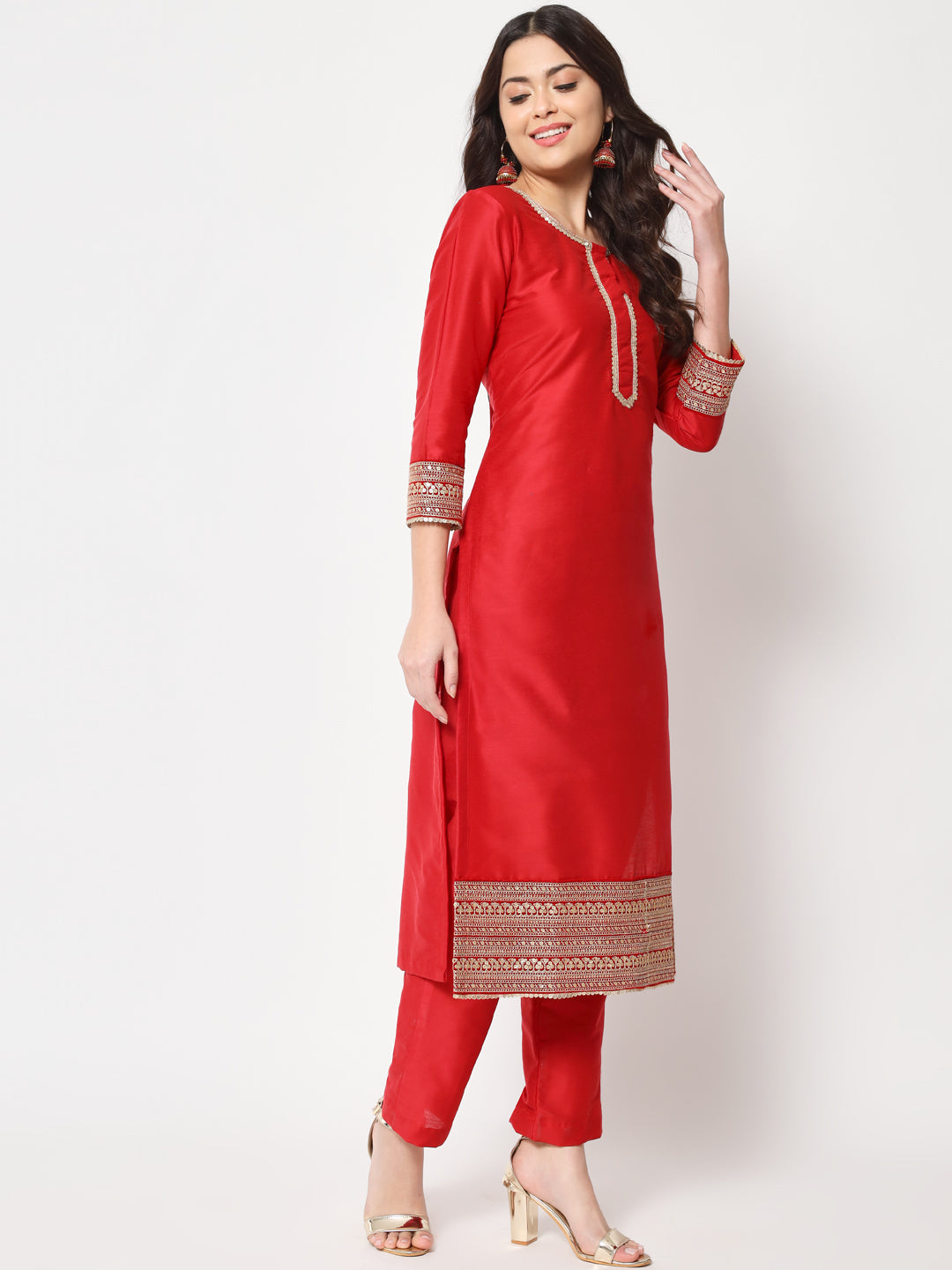 Women's Traditional Bridal Red Embroidered Straight Kurti With Pants - Anokherang