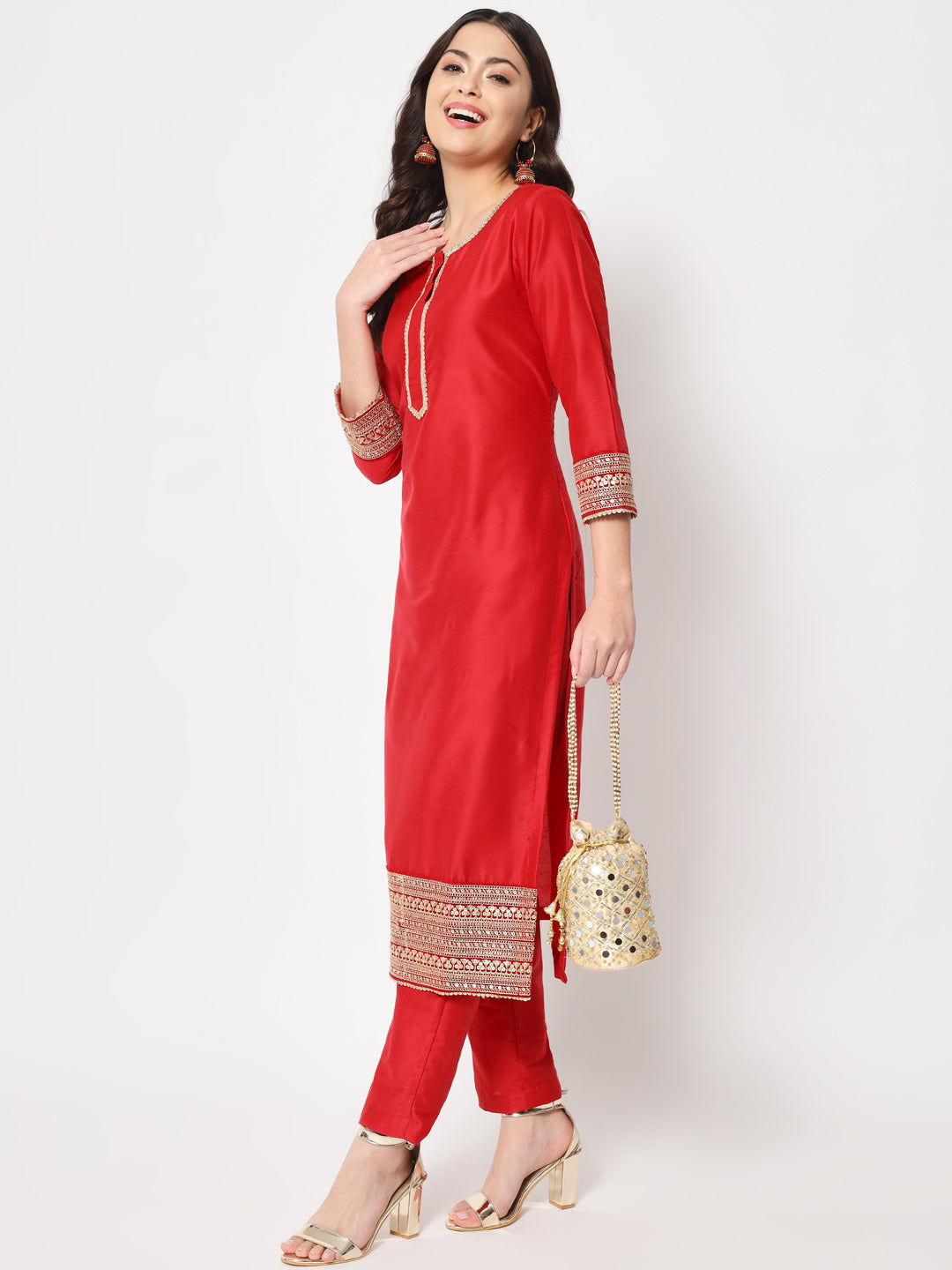 Women's Traditional Bridal Red Embroidered Straight Kurti With Pants - Anokherang