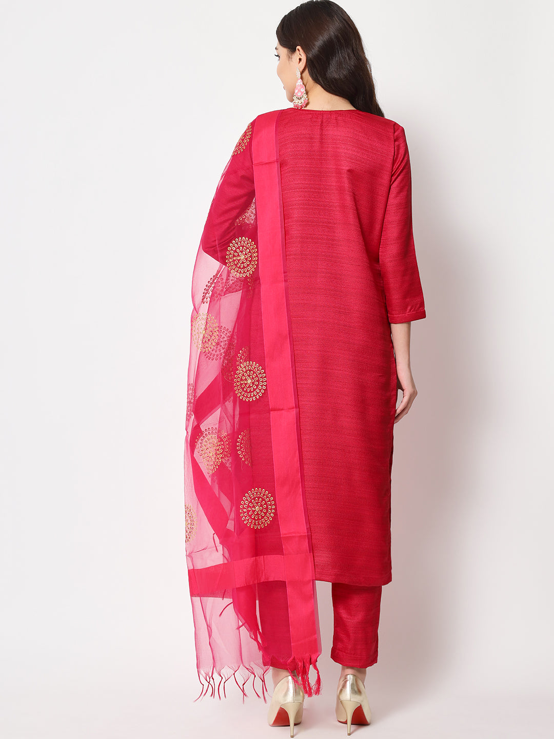 Women's Pink Kundan Silk Kurti With Straight Pants And Dupatta - Anokherang