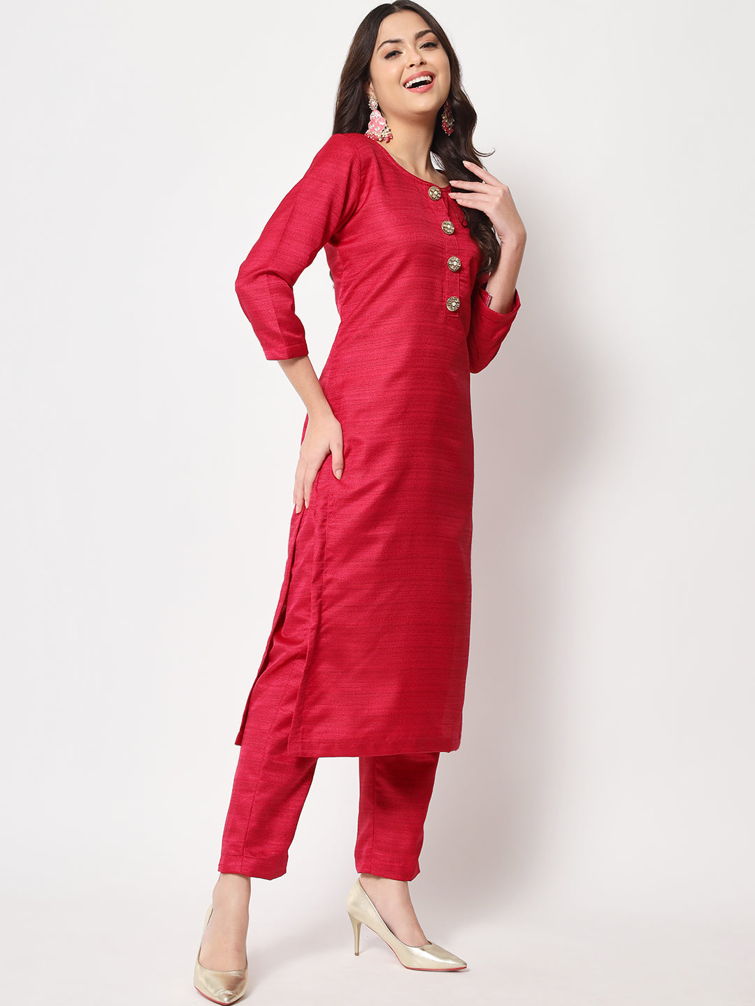 Women's Pink Kundan Silk Kurti With Straight Pants - Anokherang