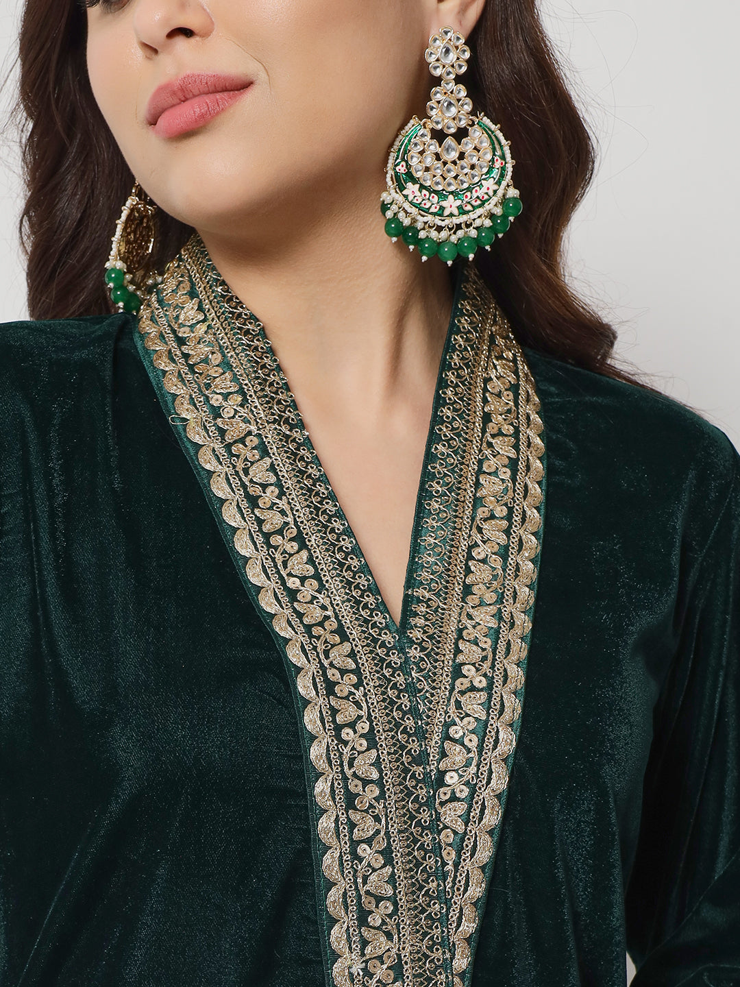 Women's Glamour Green Shawl Collar Kurti With Straight Palazzo And Dupatta - Anokherang