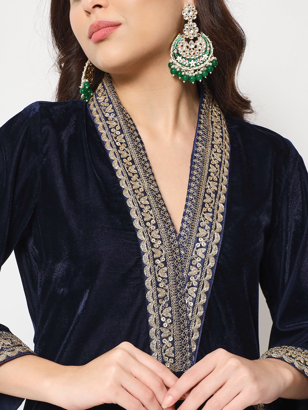 Women's Glamour Blue Shawl Collar Kurti With Straight Palazzo - Anokherang