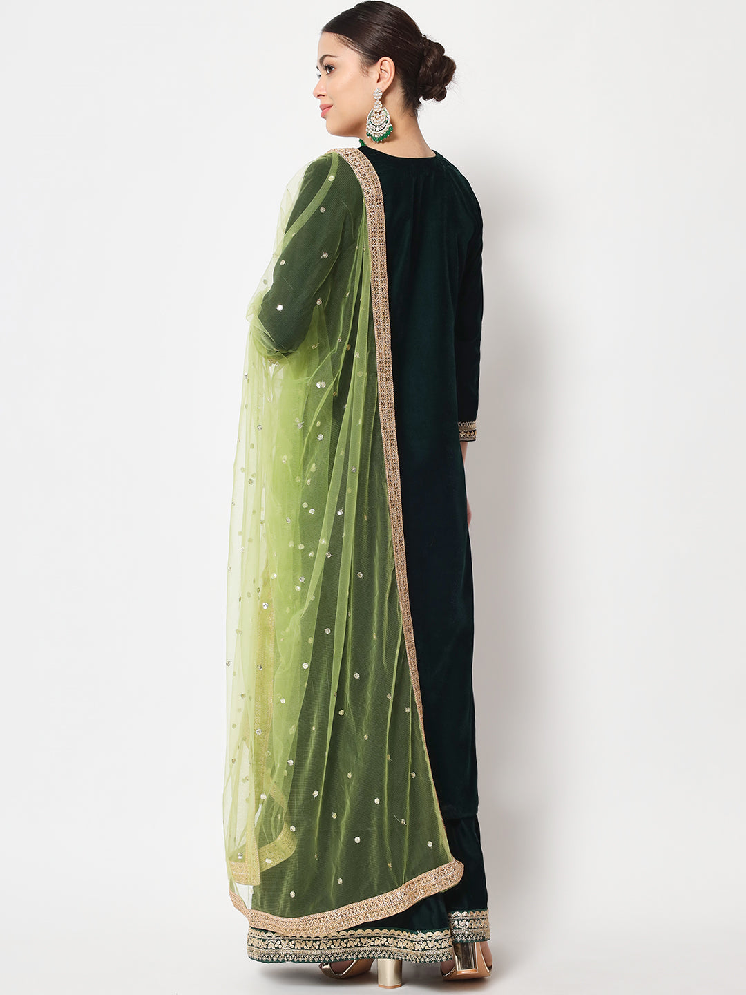 Women's Delicate Green Velvet Kurti With Flared Palazzo And Dupatta - Anokherang
