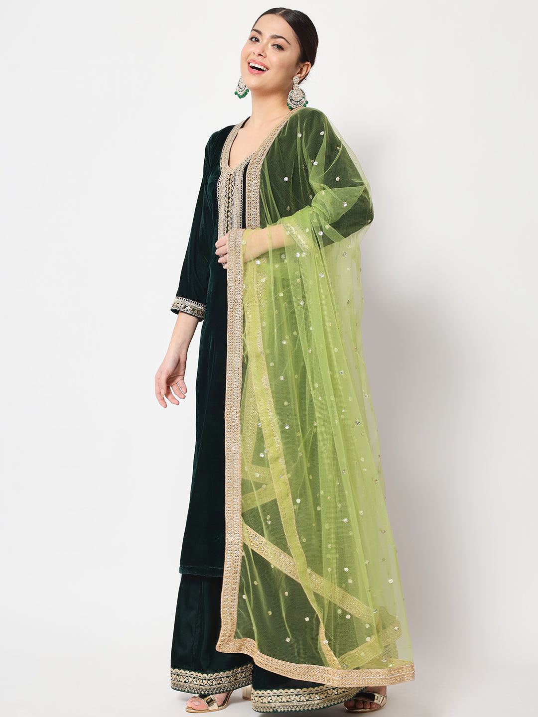 Women's Delicate Green Velvet Kurti With Flared Palazzo And Dupatta - Anokherang