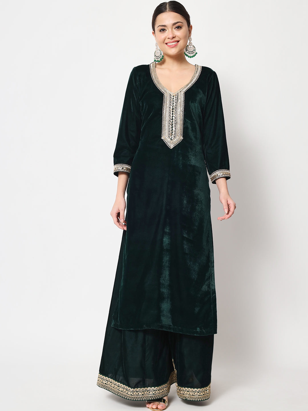 Women's Delicate Green Velvet Kurti With Flared Palazzo - Anokherang