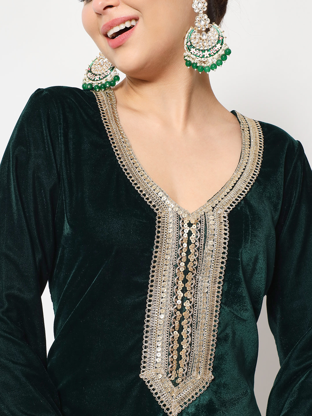 Women's Sweet Green Velvet Straight Kurti With Printed Salwar - Anokherang