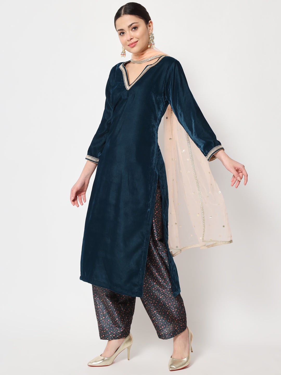 Women's Sweet Turquoise Velvet Straight Kurti With Printed Salwar And Dupatta - Anokherang