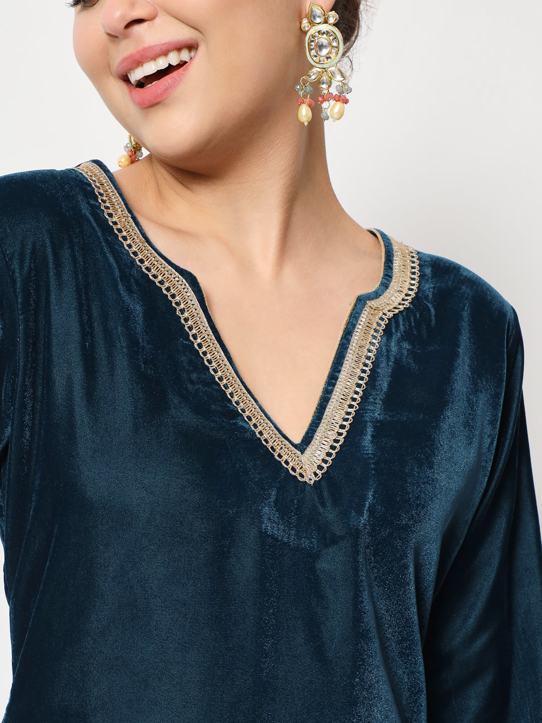 Women's Sweet Turquoise Velvet Straight Kurti With Printed Salwar - Anokherang