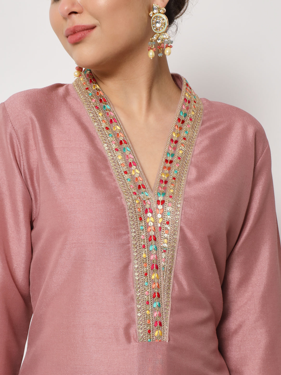 Women's Soft Mauve Thread Embroidered Kurti With Pants - Anokherang